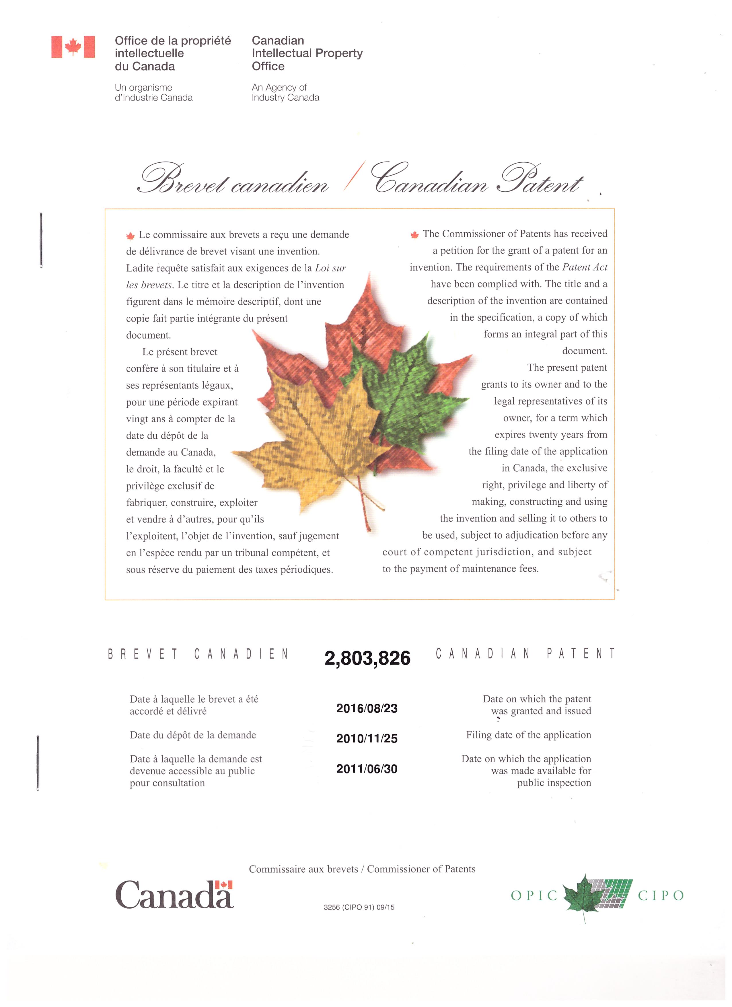 патент Канады, полученный фирмой Парафарм